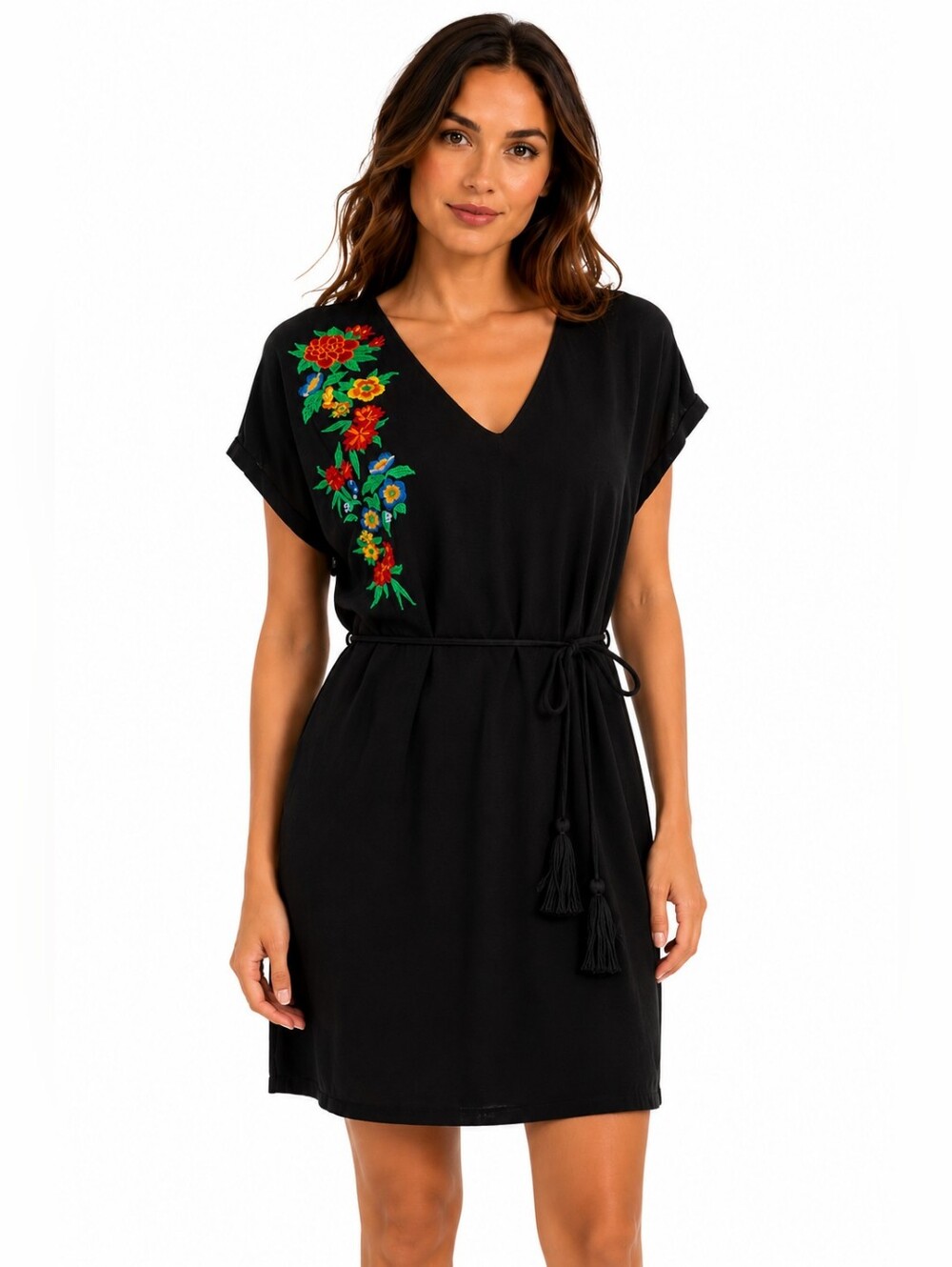 Twist & Tango Embroidered Floral Tie Waist Shift Dress Black Small dark bohemian